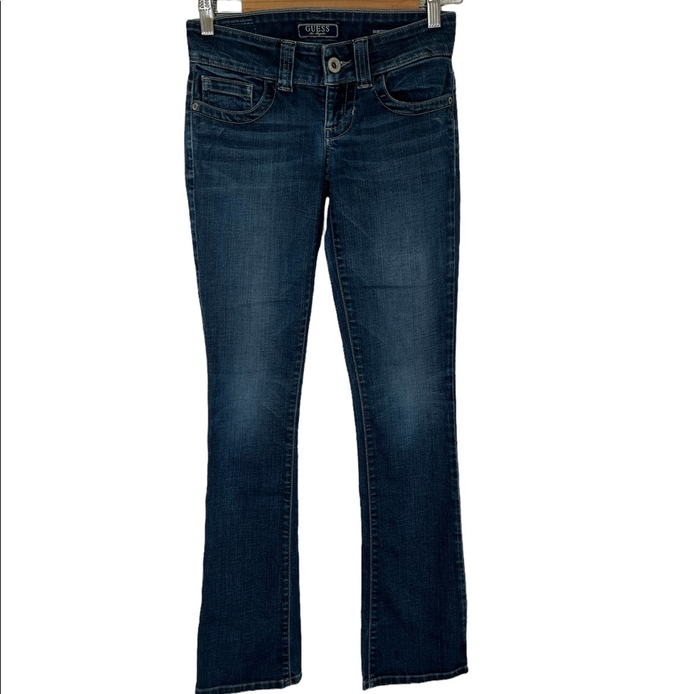 Guess Jeans Regular Blue Denim Daredevil Bootcut Triangle Logo Dark Wash Low Ris
